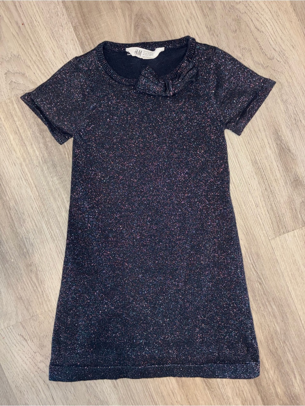 H&M Navy Sparkle Short Sleeve Dress with Neck Bow